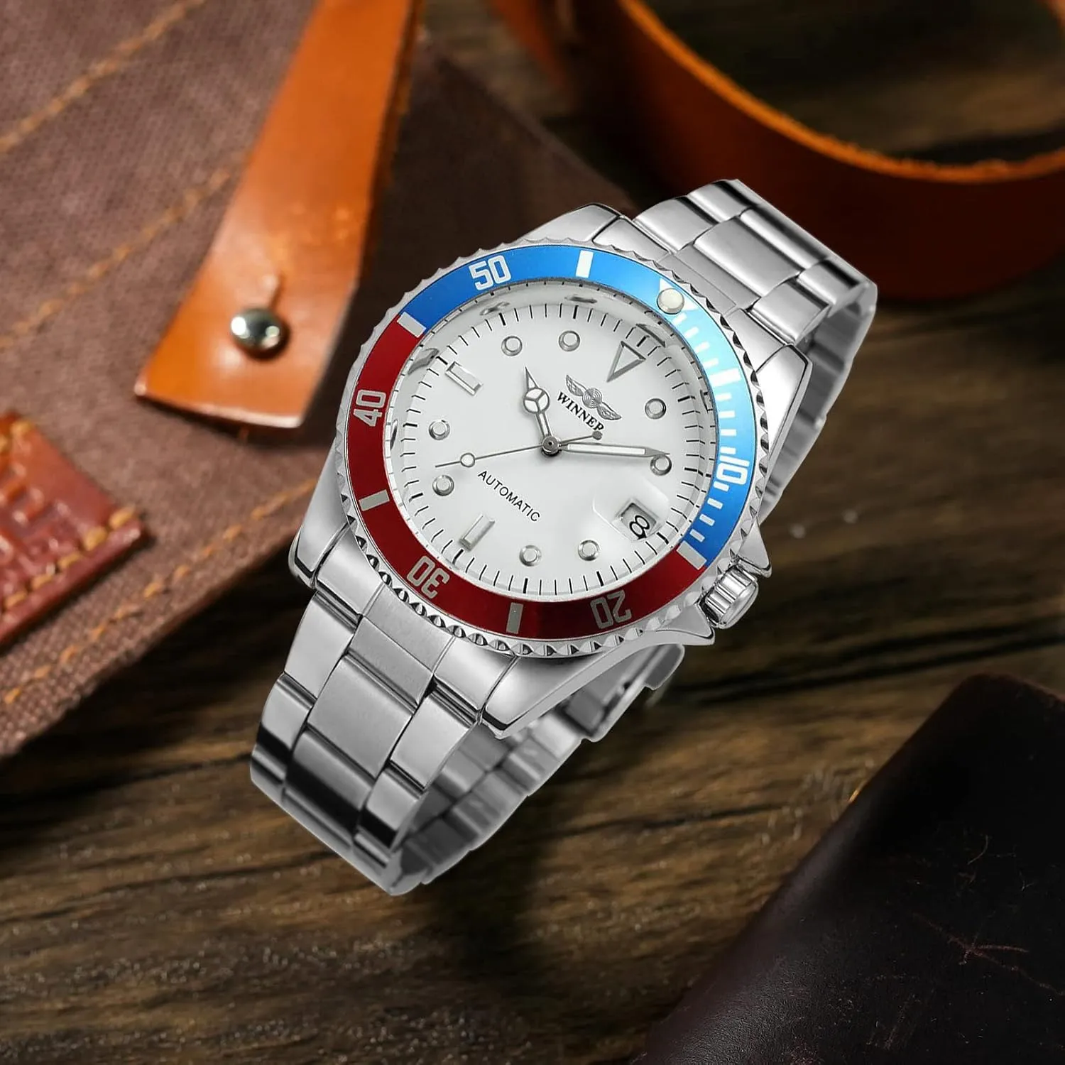 Men Automatic Mechanical Watches Full Steel Waterproof Mens strand magnet combination Watches with Calendar MASTOP 