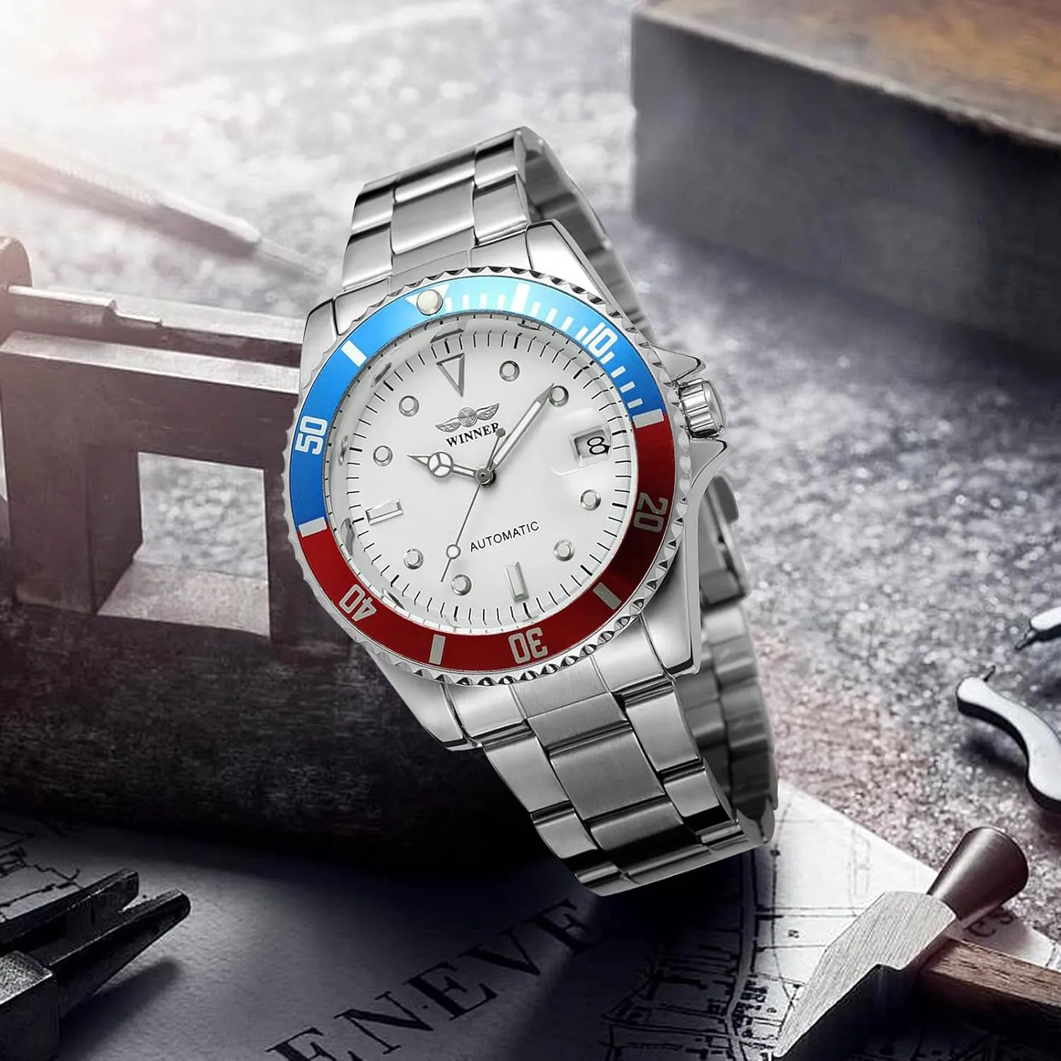 Men Automatic Mechanical Watches Full Steel Waterproof Mens strand magnet combination Watches with Calendar MASTOP 