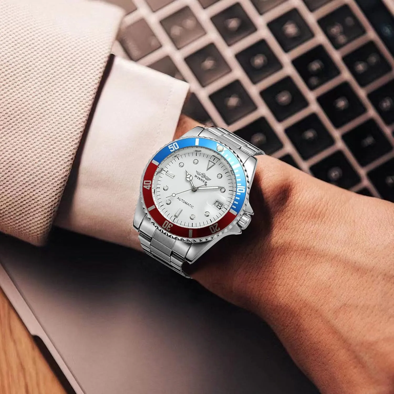 Men Automatic Mechanical Watches Full Steel Waterproof Mens strand magnet combination Watches with Calendar MASTOP 