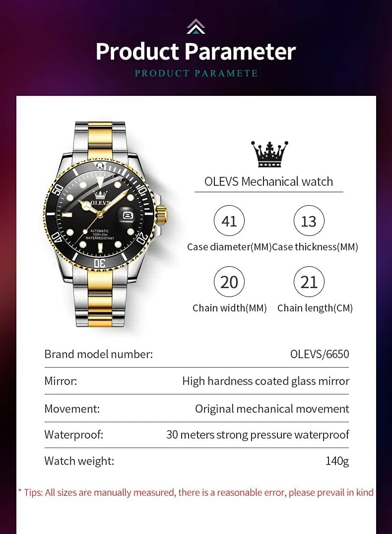 Men Automatic Mechanical Watches Self Winding Luxury mantle manufacture assistant fever aboriginal conscientious Stainless Steel Men Watch No Battery OLEVS 