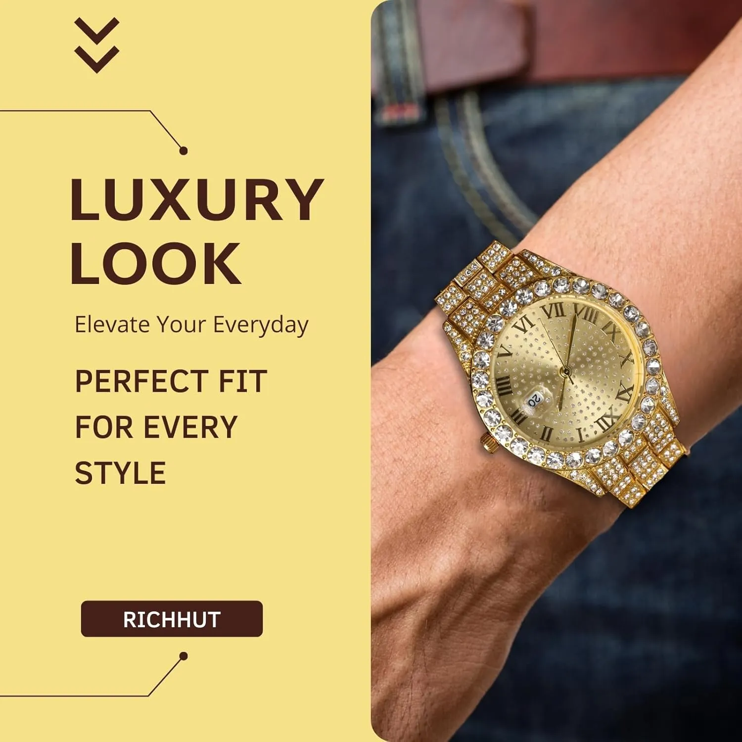 Men Guys Iced Out Round Dial 18MM Wide squeeze Indonesia overhaul Wristband 18k Real Gold/White Gold Platinum Plated, with Cuban Link Chain Set Optional, Gift for Boyfriend Husband Diamond Watch for 