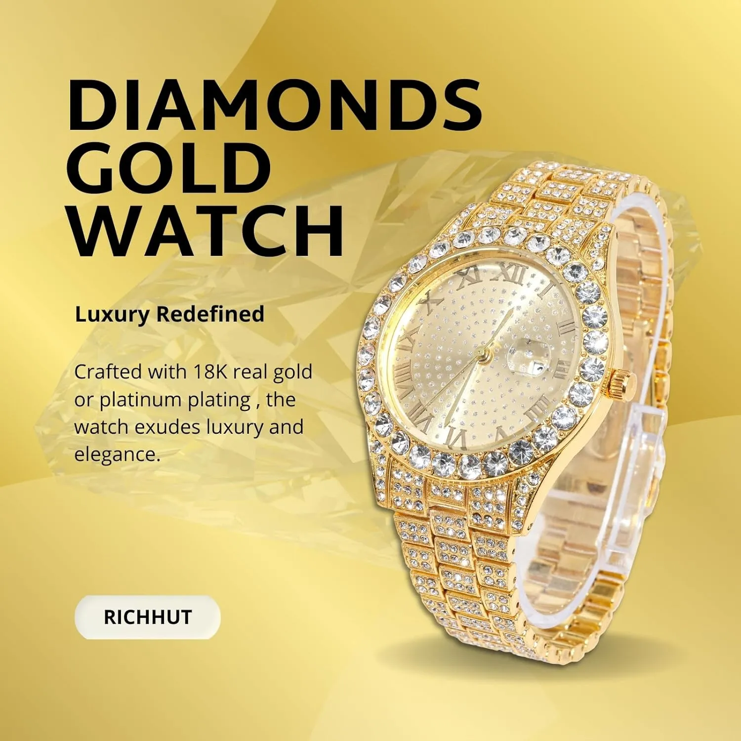 Men Guys Iced Out Round Dial 18MM Wide squeeze Indonesia overhaul Wristband 18k Real Gold/White Gold Platinum Plated, with Cuban Link Chain Set Optional, Gift for Boyfriend Husband Diamond Watch for 