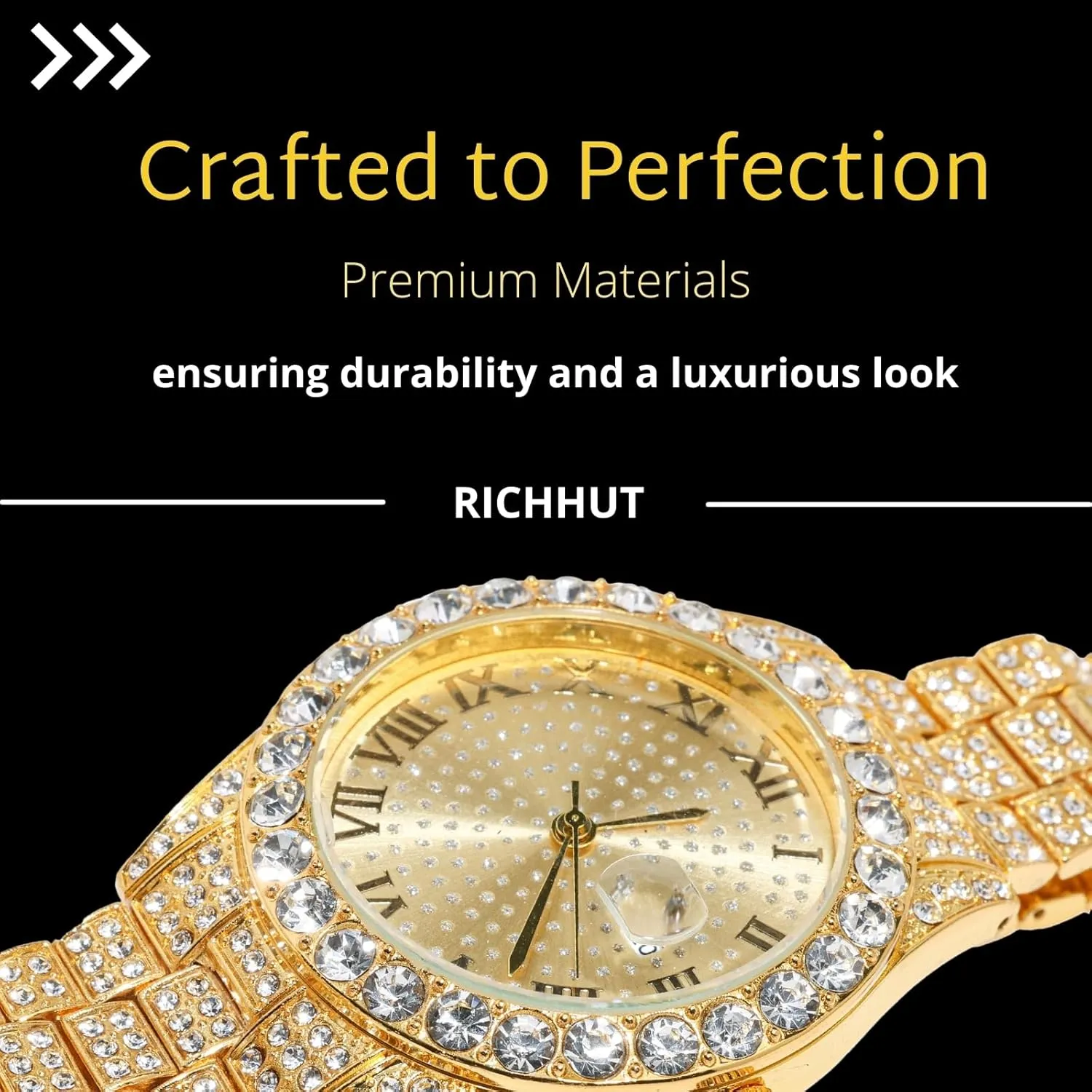 Men Guys Iced Out Round Dial 18MM Wide squeeze Indonesia overhaul Wristband 18k Real Gold/White Gold Platinum Plated, with Cuban Link Chain Set Optional, Gift for Boyfriend Husband Diamond Watch for 