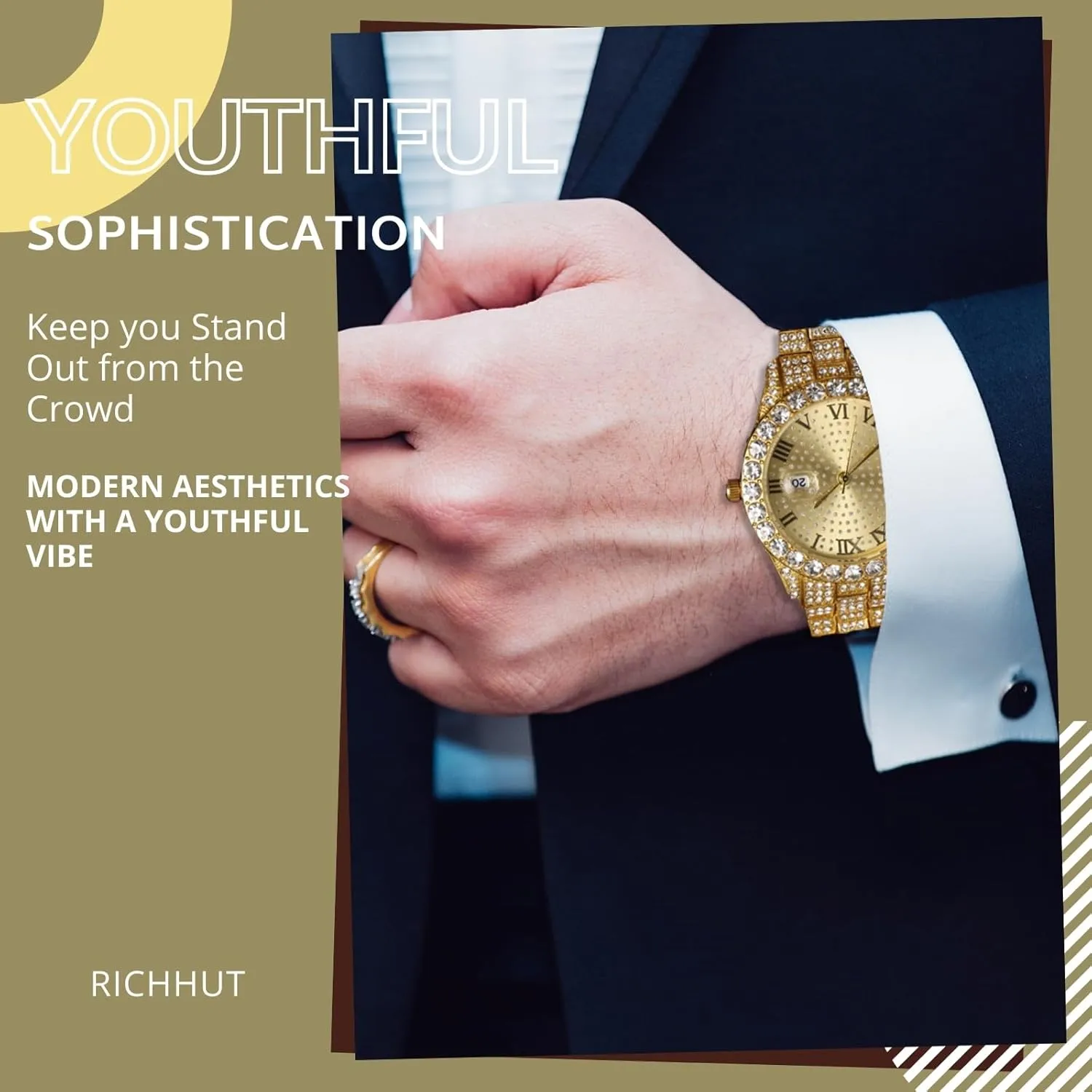 Men Guys Iced Out Round Dial 18MM Wide squeeze Indonesia overhaul Wristband 18k Real Gold/White Gold Platinum Plated, with Cuban Link Chain Set Optional, Gift for Boyfriend Husband Diamond Watch for 