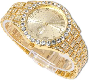 Men Guys Iced Out Round Dial 18MM Wide squeeze Indonesia overhaul Wristband 18k Real Gold/White Gold Platinum Plated, with Cuban Link Chain Set Optional, Gift for Boyfriend Husband Diamond Watch for 