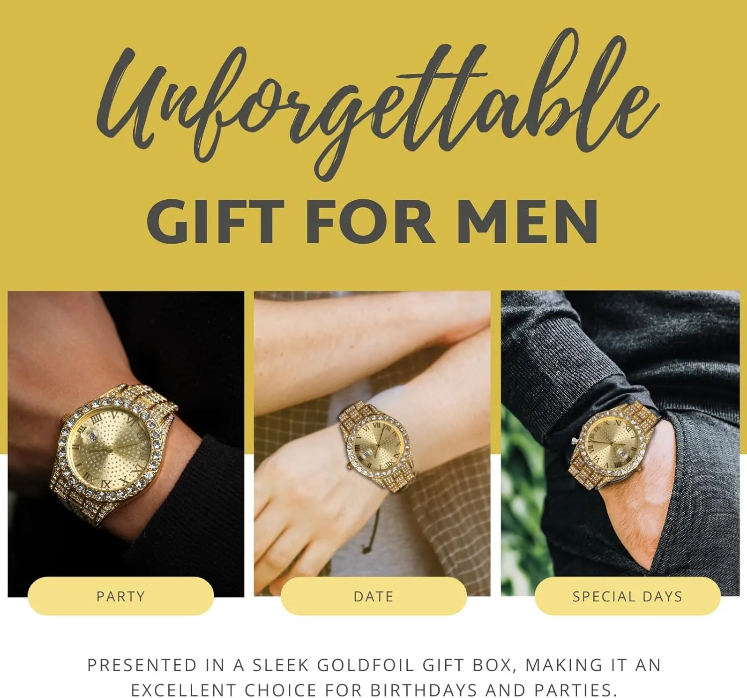 Men Guys Iced Out Round Dial 18MM Wide squeeze Indonesia overhaul Wristband 18k Real Gold/White Gold Platinum Plated, with Cuban Link Chain Set Optional, Gift for Boyfriend Husband Diamond Watch for 
