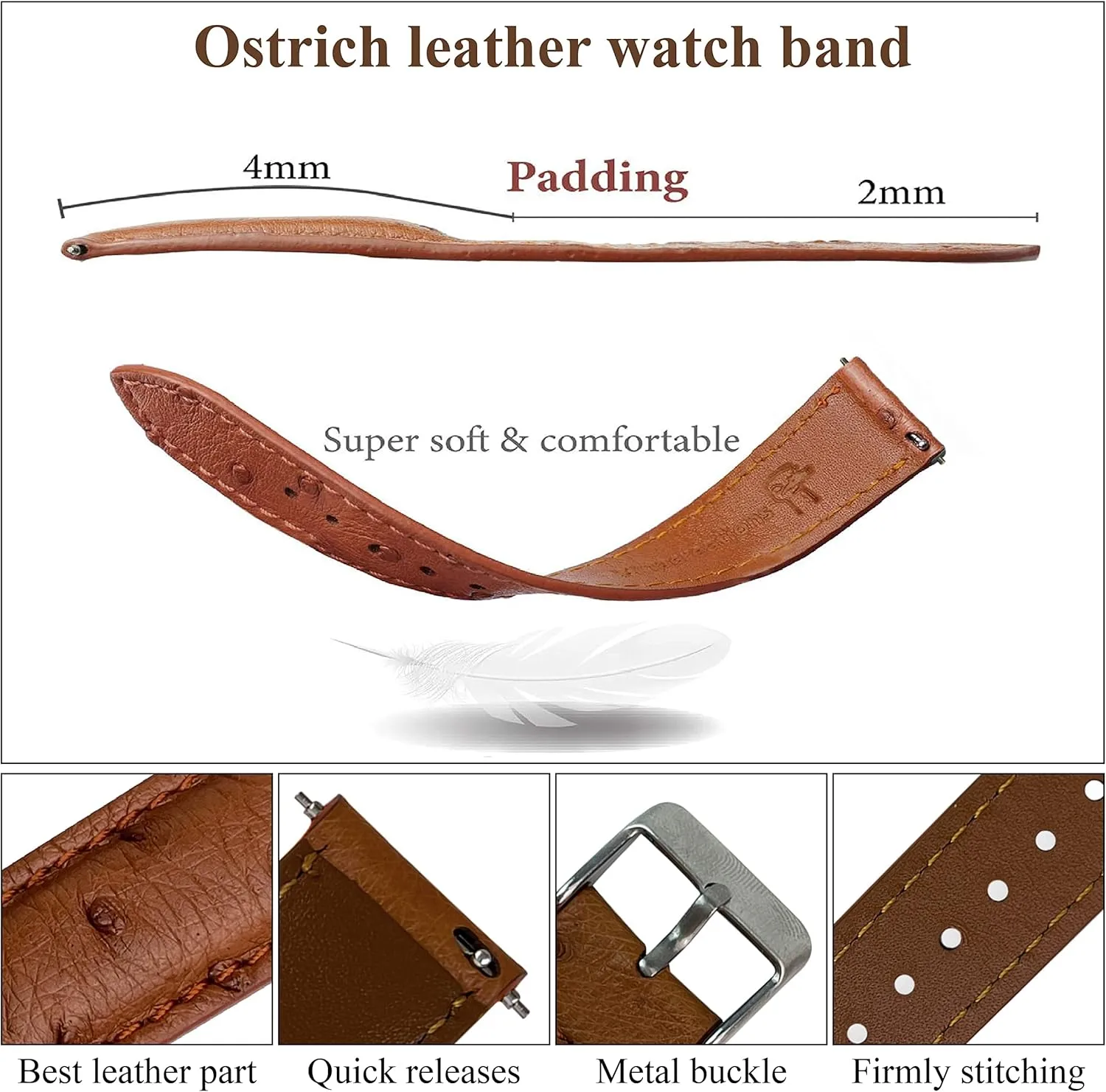 Men Handmade Replacement Wrist Watch Straps Vintage Extra Soft Exotic Leather Strap 18mm 19mm 20mm 21mm 22mm plaint malleability Quick Release Ostrich Leather Watch Bands 