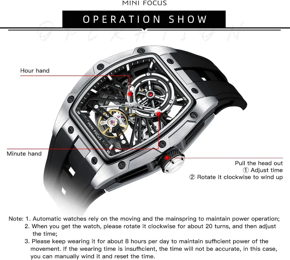 Men improve forbid Watches,Automatic Mechanical Watch,Luxury Hollow Tonneau Watches for Men with Stainless Steel Case and Silicon Band (Self-Wind Movement/5ATM Waterproof/Super_Luminous) MF MINI FOCUS Unique 