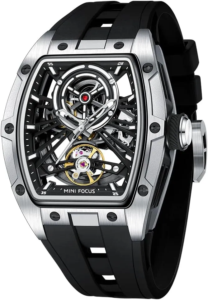 Men improve forbid Watches,Automatic Mechanical Watch,Luxury Hollow Tonneau Watches for Men with Stainless Steel Case and Silicon Band (Self-Wind Movement/5ATM Waterproof/Super_Luminous) MF MINI FOCUS Unique 