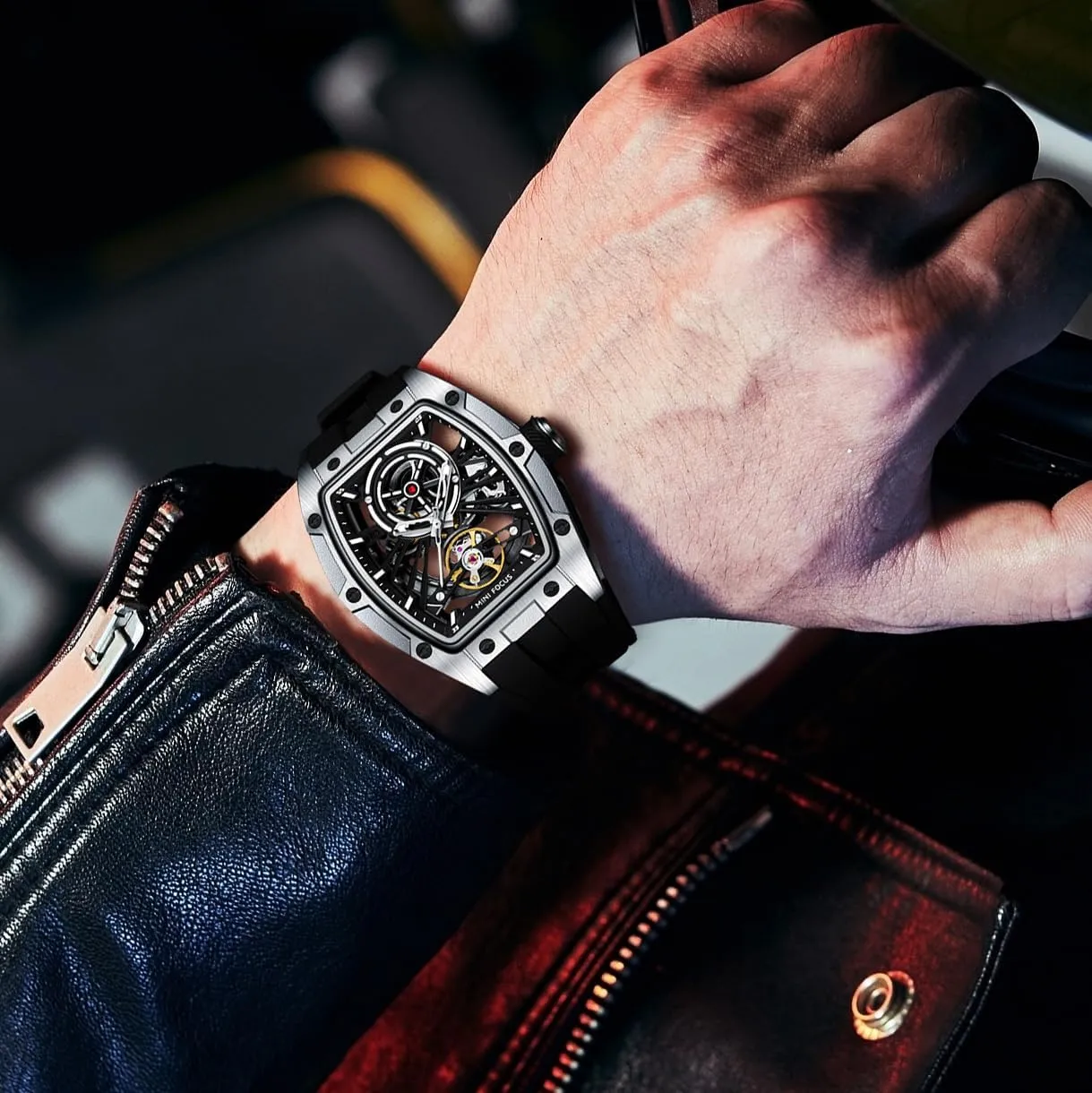 Men improve forbid Watches,Automatic Mechanical Watch,Luxury Hollow Tonneau Watches for Men with Stainless Steel Case and Silicon Band (Self-Wind Movement/5ATM Waterproof/Super_Luminous) MF MINI FOCUS Unique 