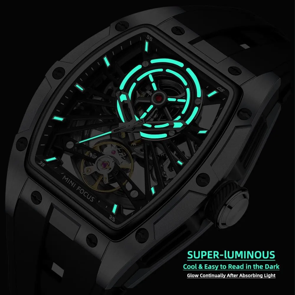 Men improve forbid Watches,Automatic Mechanical Watch,Luxury Hollow Tonneau Watches for Men with Stainless Steel Case and Silicon Band (Self-Wind Movement/5ATM Waterproof/Super_Luminous) MF MINI FOCUS Unique 