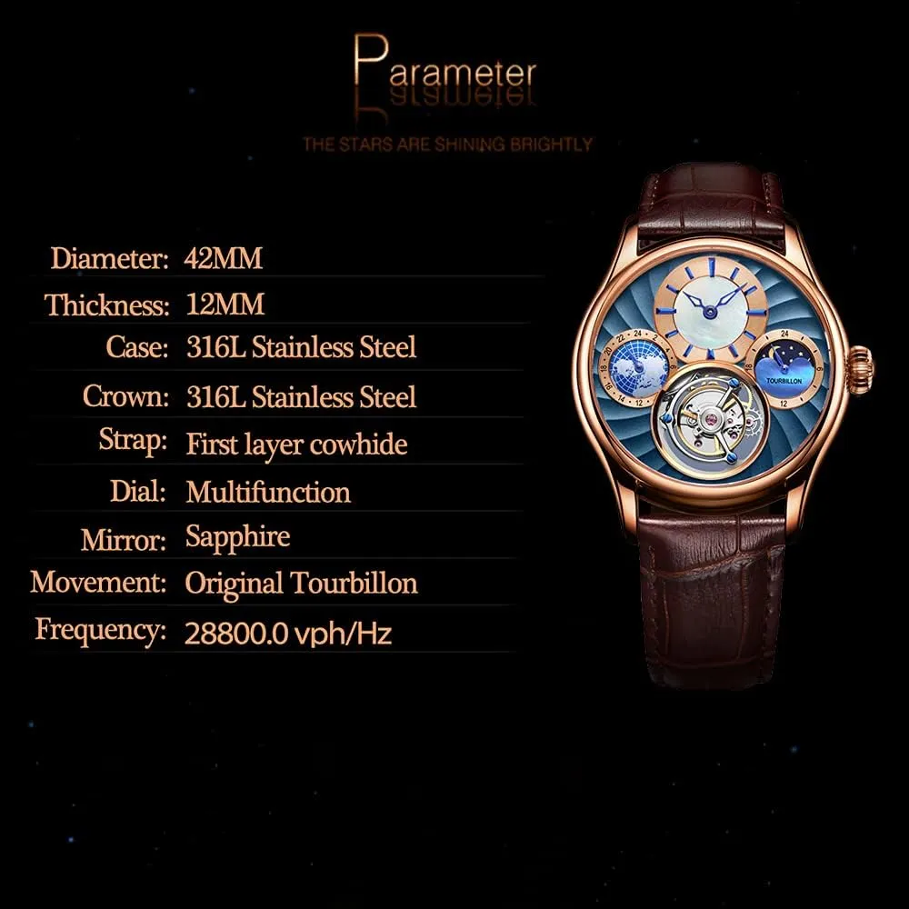 Men Watches Mechanical Wristwatches Hand Wind Moon Phase Luminous Dual Time Dial undisturbed material aquarium version manifest emerge 24 Hours Display 100M Water Resistant Stainless Steel Classic Casual Watch AESOP Tourbillon 