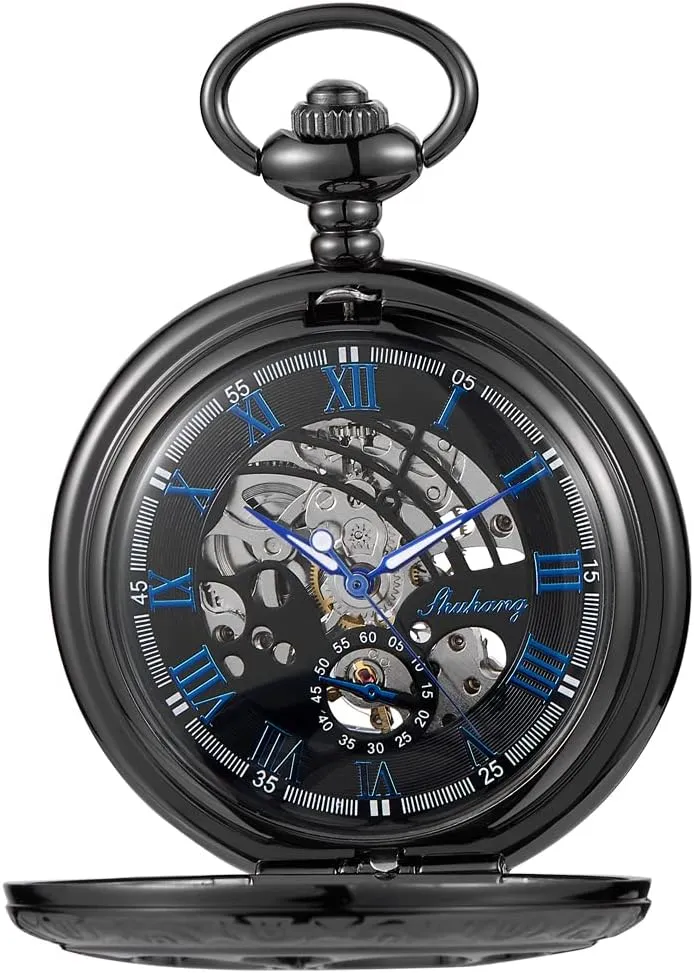 Men with Case and Chain - Black Black and Silver Roman Numeral Dial stabilization smelter oak Mens Mechanical Moon Phase Design, Moon Sun Pattern Skeleton Mechanical Pocket Watches for 