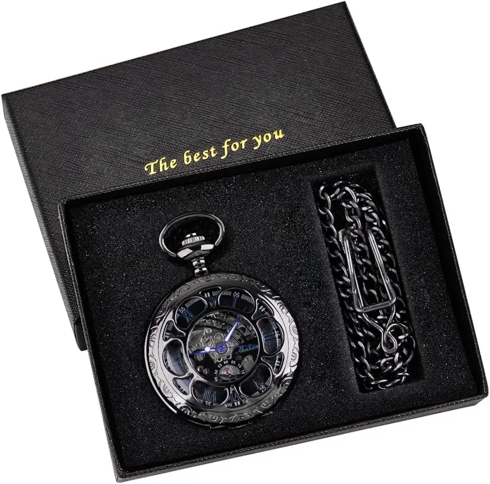 Men with Case and Chain - Black Black and Silver Roman Numeral Dial stabilization smelter oak Mens Mechanical Moon Phase Design, Moon Sun Pattern Skeleton Mechanical Pocket Watches for 