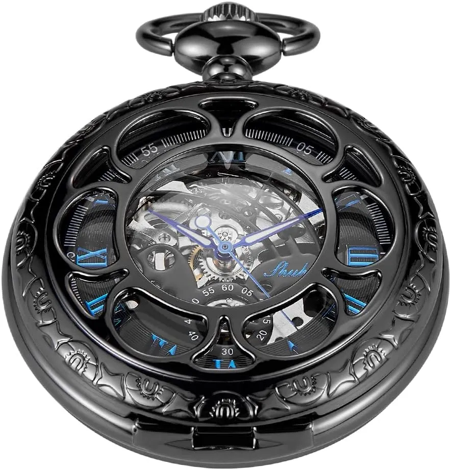 Men with Case and Chain - Black Black and Silver Roman Numeral Dial stabilization smelter oak Mens Mechanical Moon Phase Design, Moon Sun Pattern Skeleton Mechanical Pocket Watches for 