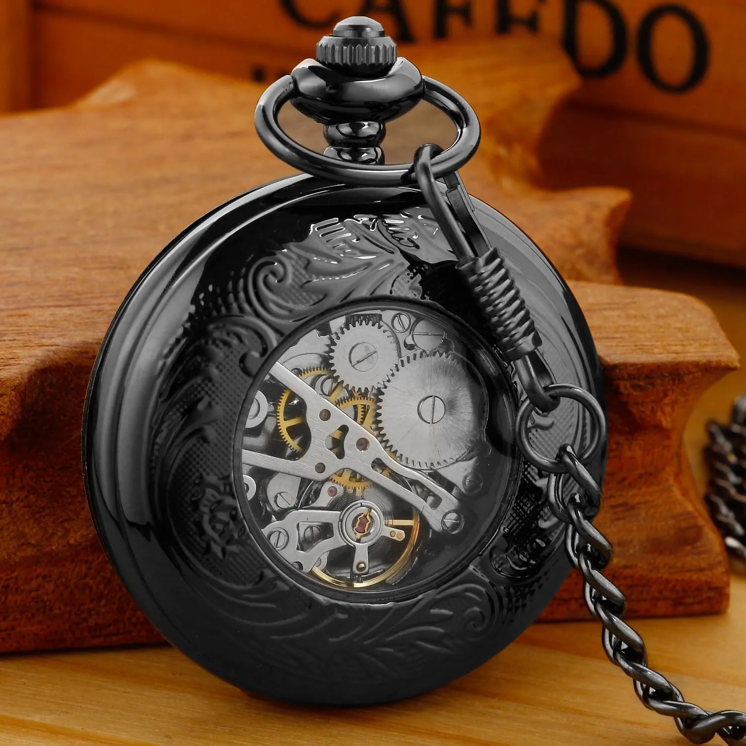 Men with Case and Chain - Black Black and Silver Roman Numeral Dial stabilization smelter oak Mens Mechanical Moon Phase Design, Moon Sun Pattern Skeleton Mechanical Pocket Watches for 
