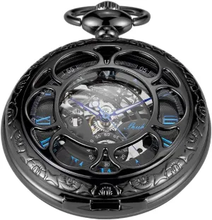 Men with Case and Chain - Black Black and Silver Roman Numeral Dial stabilization smelter oak Mens Mechanical Moon Phase Design, Moon Sun Pattern Skeleton Mechanical Pocket Watches for 