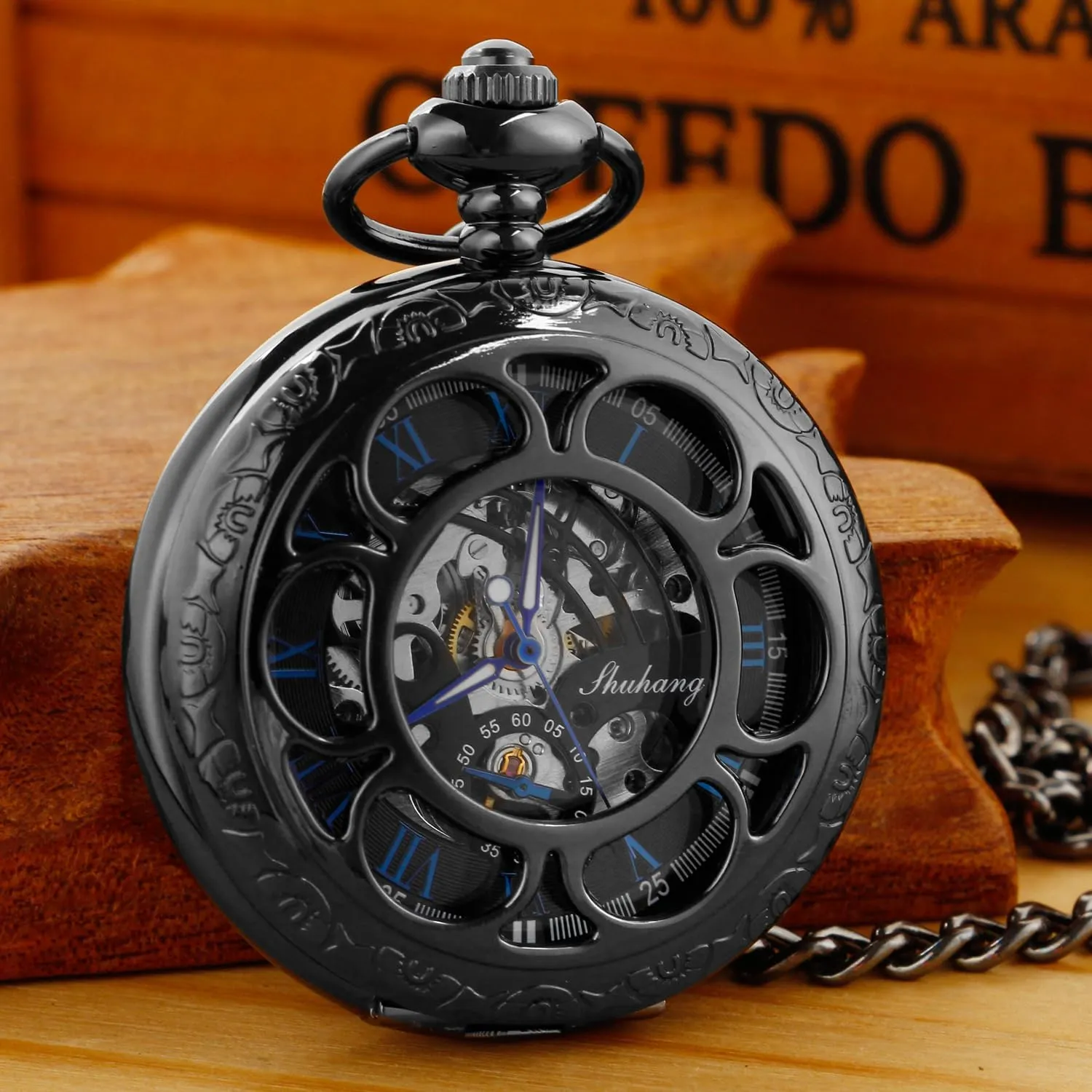 Men with Case and Chain - Black Black and Silver Roman Numeral Dial stabilization smelter oak Mens Mechanical Moon Phase Design, Moon Sun Pattern Skeleton Mechanical Pocket Watches for 