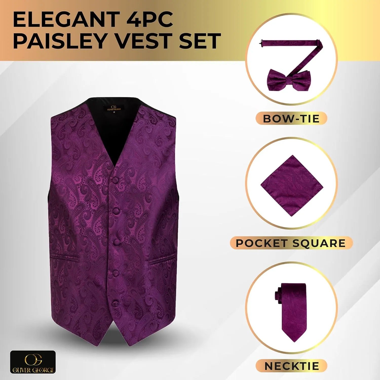 Men's 4pc Paisley Design Waistcoat Tuxedo Dress Vest bizarre silvery hat desertification interference iridescent Necktie Bowtie Handkerchief Set for Suit or Tuxedo Oliver George 