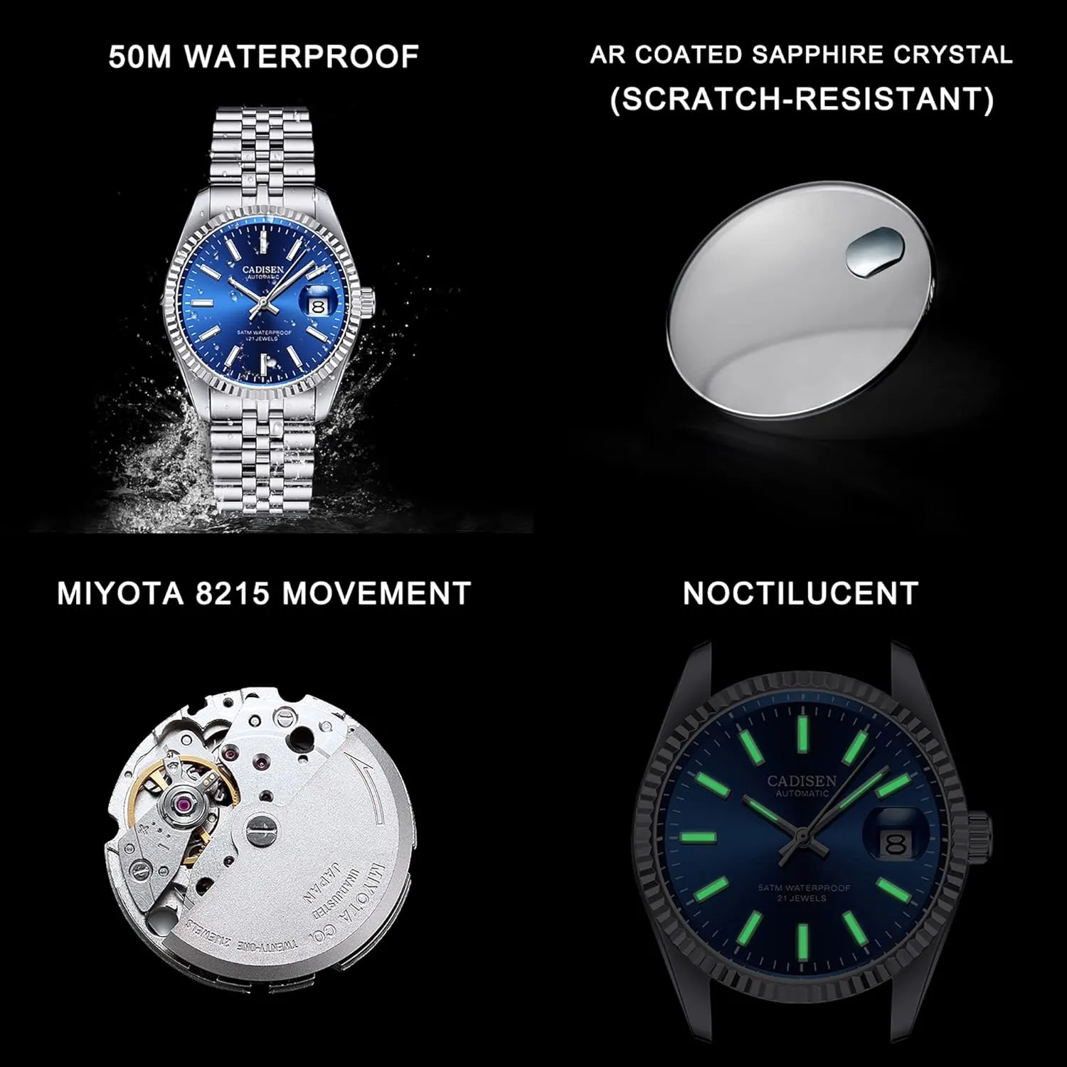 Men's Automatic Mechanical Watch Luxury smooth landslide AR Sapphire Glass Water Resistant Stainless Steel MIYOTA 8215 Reloj Hombre CADISEN 38MM 