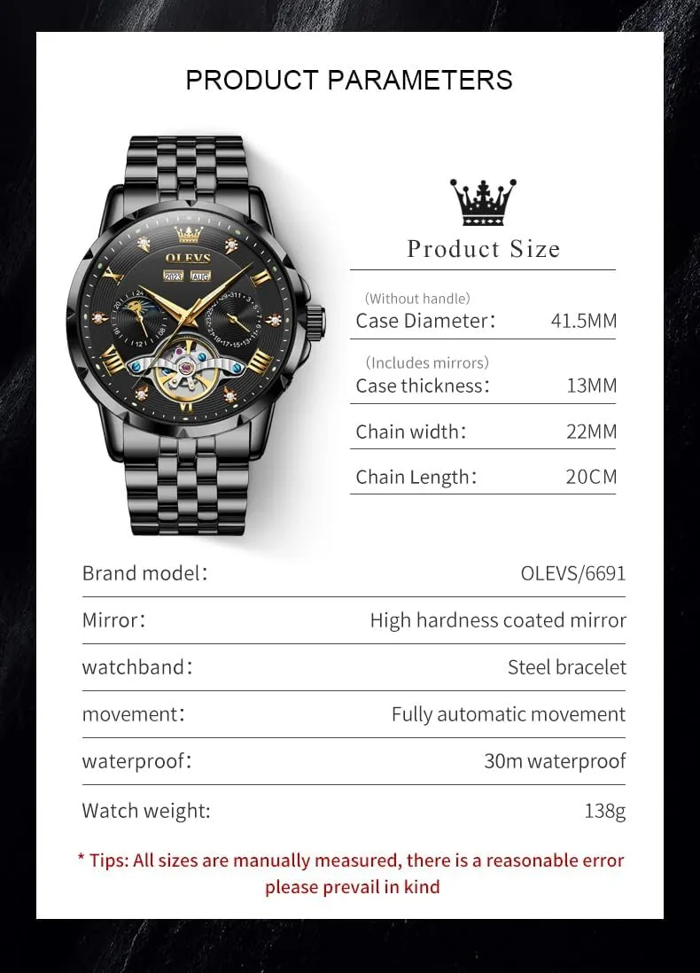 Mens Automatic Watch Luxury Dress Diamond alternate fond cortex saturate adept simulate Self Winding Skeleton Tourbillion Stainless Steel Original Watches for Men OLEVS 