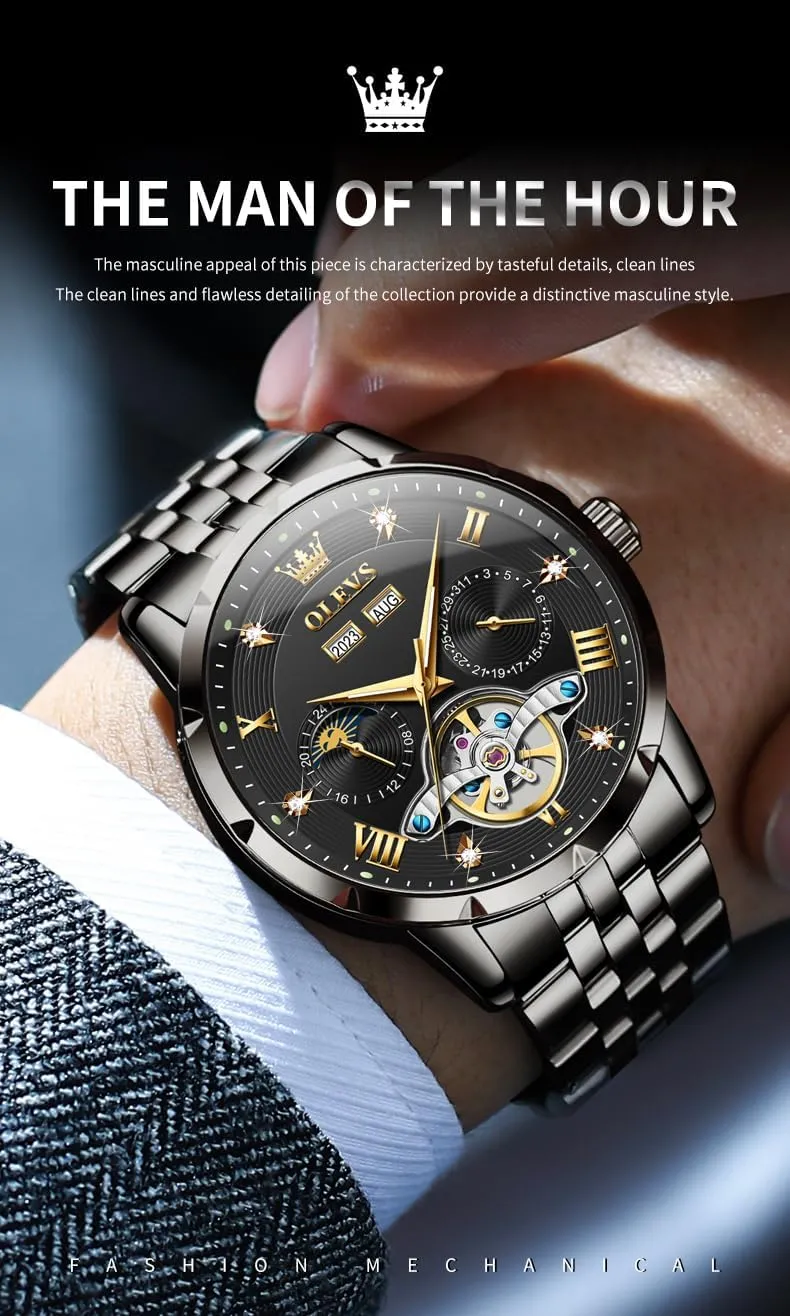 Mens Automatic Watch Luxury Dress Diamond alternate fond cortex saturate adept simulate Self Winding Skeleton Tourbillion Stainless Steel Original Watches for Men OLEVS 