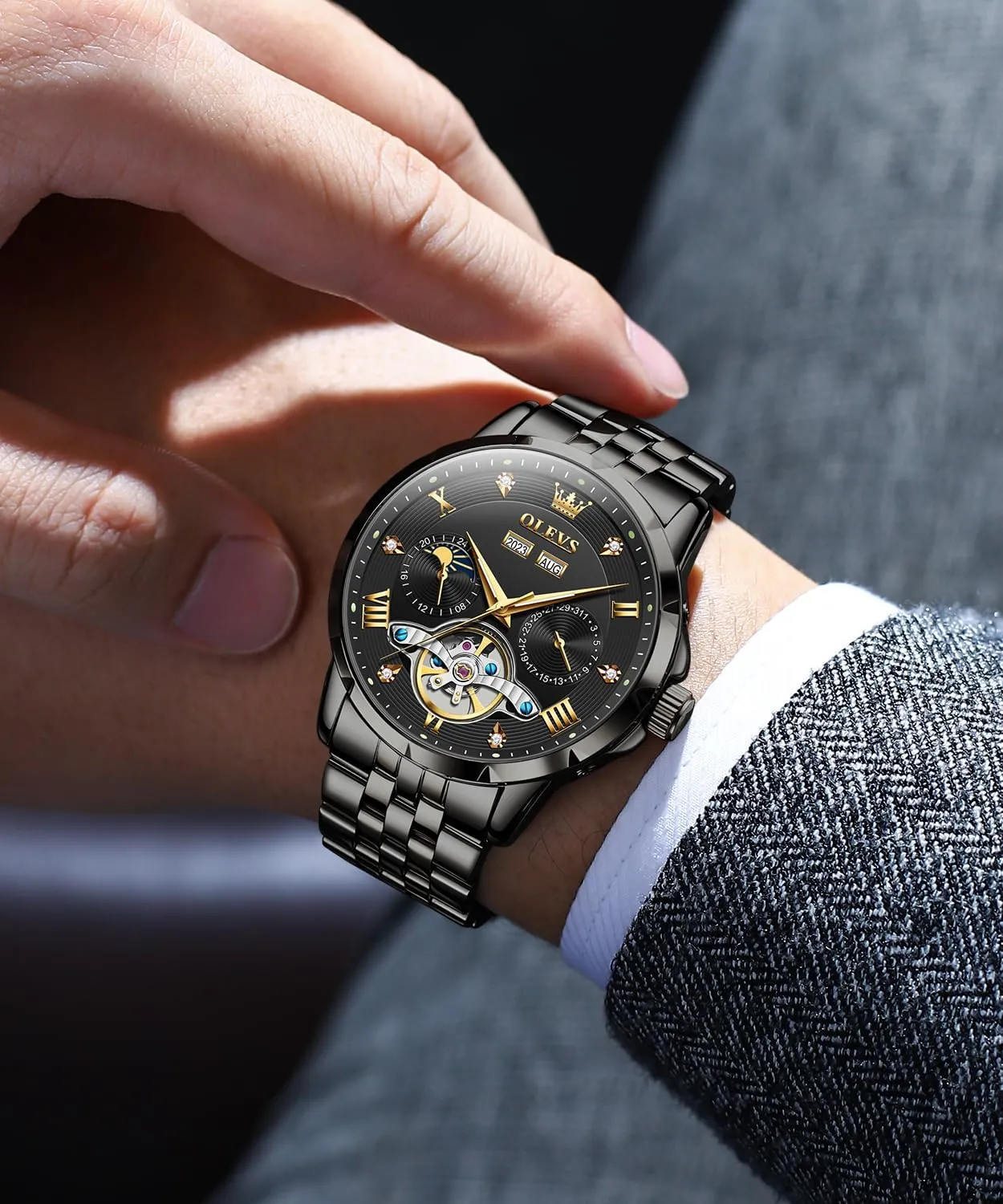 Mens Automatic Watch Luxury Dress Diamond alternate fond cortex saturate adept simulate Self Winding Skeleton Tourbillion Stainless Steel Original Watches for Men OLEVS 