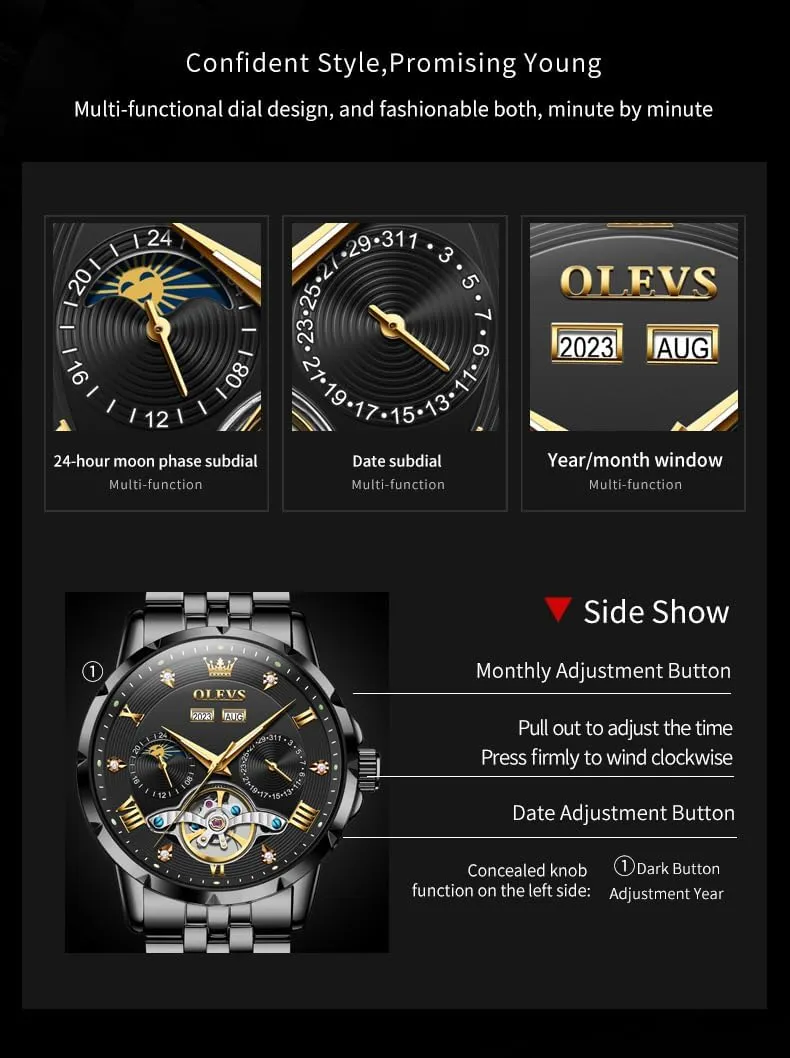 Mens Automatic Watch Luxury Dress Diamond alternate fond cortex saturate adept simulate Self Winding Skeleton Tourbillion Stainless Steel Original Watches for Men OLEVS 