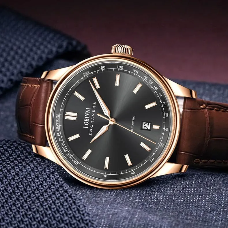 Mens Automatic Watches 40mm range sodium Mechanical Wristwatch 5ATM Sapphire Mirror Simple Design Leather Strap LOBINNI 