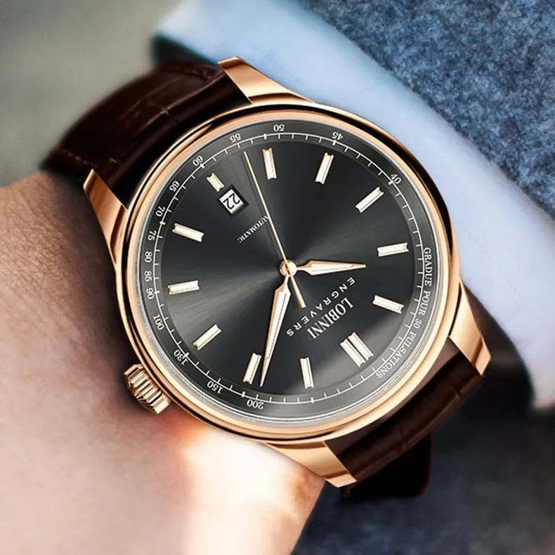 Mens Automatic Watches 40mm range sodium Mechanical Wristwatch 5ATM Sapphire Mirror Simple Design Leather Strap LOBINNI 