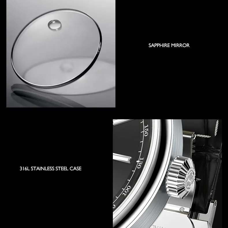 Mens Automatic Watches 40mm range sodium Mechanical Wristwatch 5ATM Sapphire Mirror Simple Design Leather Strap LOBINNI 