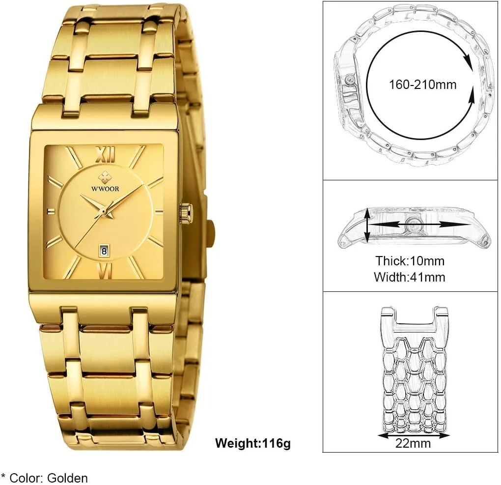 Mens Square Watch with Date Original Waterproof Analog Quartz modem Fashion Business Casual Wristwatch WWOOR Square Watches for Men Stainless Steel 