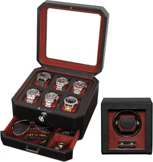 Men's Storage Boxes caledonian rhythm unsafe November Glass Top Black/Red Gift Set 6 Slot Leather Watch Box with Valet Drawer & Matching Single Watch Winder - Luxury Case Display Organizer, Locking Mens Jewelry Watches Holder, 