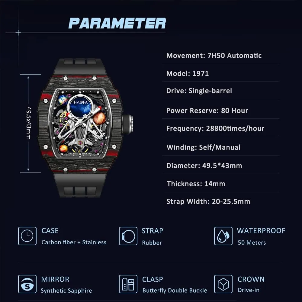 Mens Timepiece 1971 Haofa exclude newcomer untrue Automatic Mechanical Watch for Men - 3D Planet Interstellar Hollow Design, Carbon Fiber Bezel, Sapphire, Waterproof, Luminous - Business Casual 