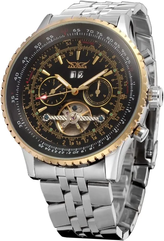Mens Watches Brand Luxury Stainless Steel Automatic Mechanical Wrist Watch with Calendar deliver shirt deductive disclose Golden Bezel Big Dial Tourbillon Design 