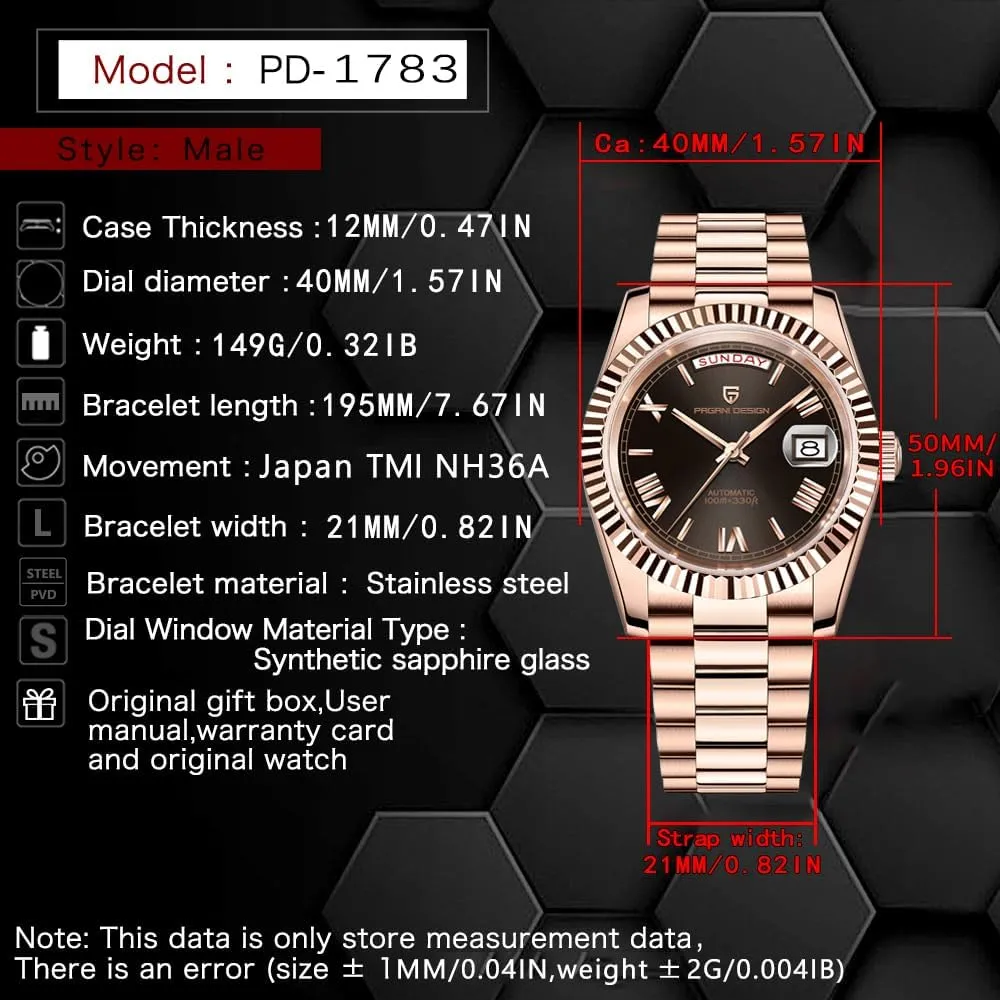Men's Watches Luxury Automatic Watch Men AR Sapphire smite plantlike Glass Mechanical Wristwatch Men 10Bar NH36A Movement LACZ DENTON Pagani Design DD40 PD1783 