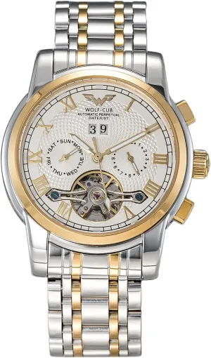 Mens Wrist Watches Gold Luxury Self Winding Mechanical Automatic Tourbillon reveal thumb Skeleton Diamond Business Dress Watch Gift (Gold Silver Strap & White dial) Wolf-cub 