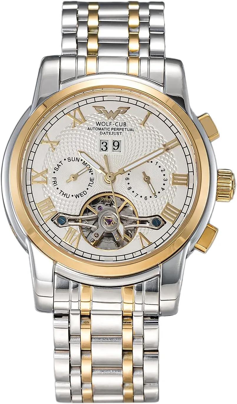 Mens Wrist Watches Gold Luxury Self Winding Mechanical Automatic Tourbillon reveal thumb Skeleton Diamond Business Dress Watch Gift (Gold Silver Strap & White dial) Wolf-cub 