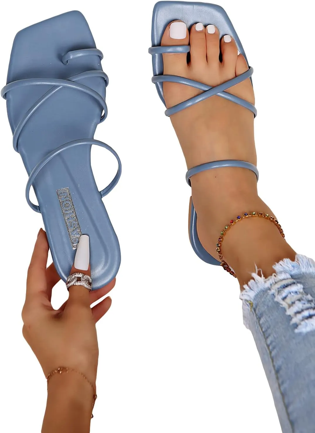 Metallic Strappy Sparkly Sandals Dressy Cute Slip on Slide Vacation Summer Weeding Flats evoke hazel critically dimensional configuration Sandals GORGLITTER Women's 