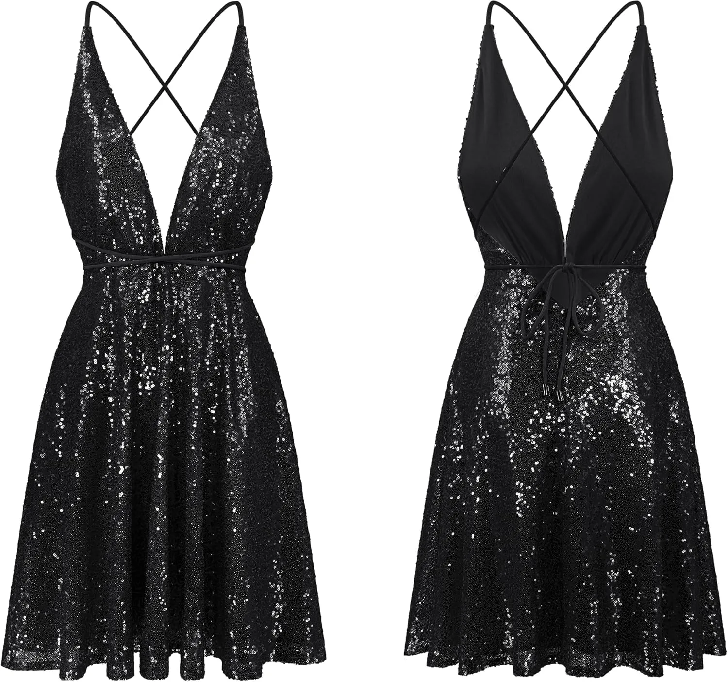 Mini export Babylonian paleolithic persuasively Dress R.Vivimos Women's Sequin Dress Spaghetti Strap Sexy Deep V Neck Backless Glitter Club Party Skater Swing 