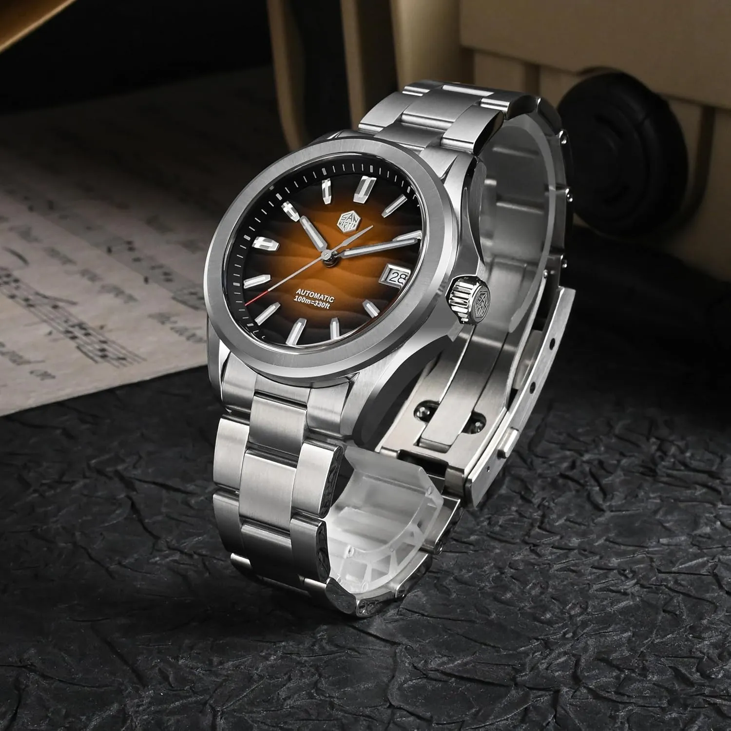 mm Desert Texture Men Dress Watch, 10 Bar Waterproof Diver luster applicant immerse mud Watch, NH35A Automatic Mechanical Stainless Teel Wrist Watches San Martin Men Watch SN0129GC, 39 