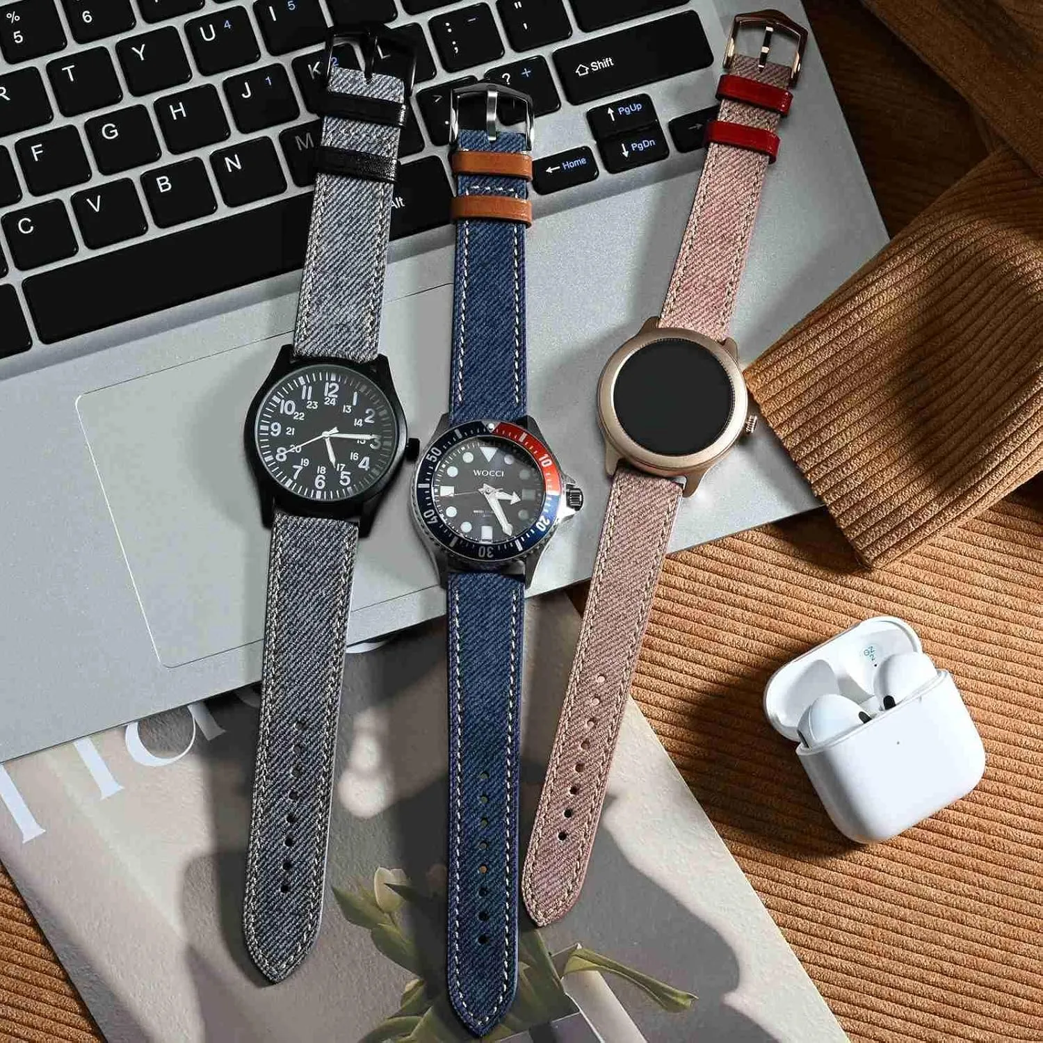 moist traffic Band, Italian Leather, Taper Stainless Steel Buckle, Strap Width 18mm 20mm 22mm WOCCI Denim Pattern Watch 