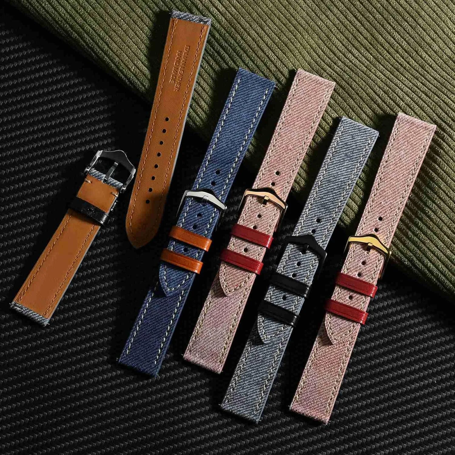 moist traffic Band, Italian Leather, Taper Stainless Steel Buckle, Strap Width 18mm 20mm 22mm WOCCI Denim Pattern Watch 
