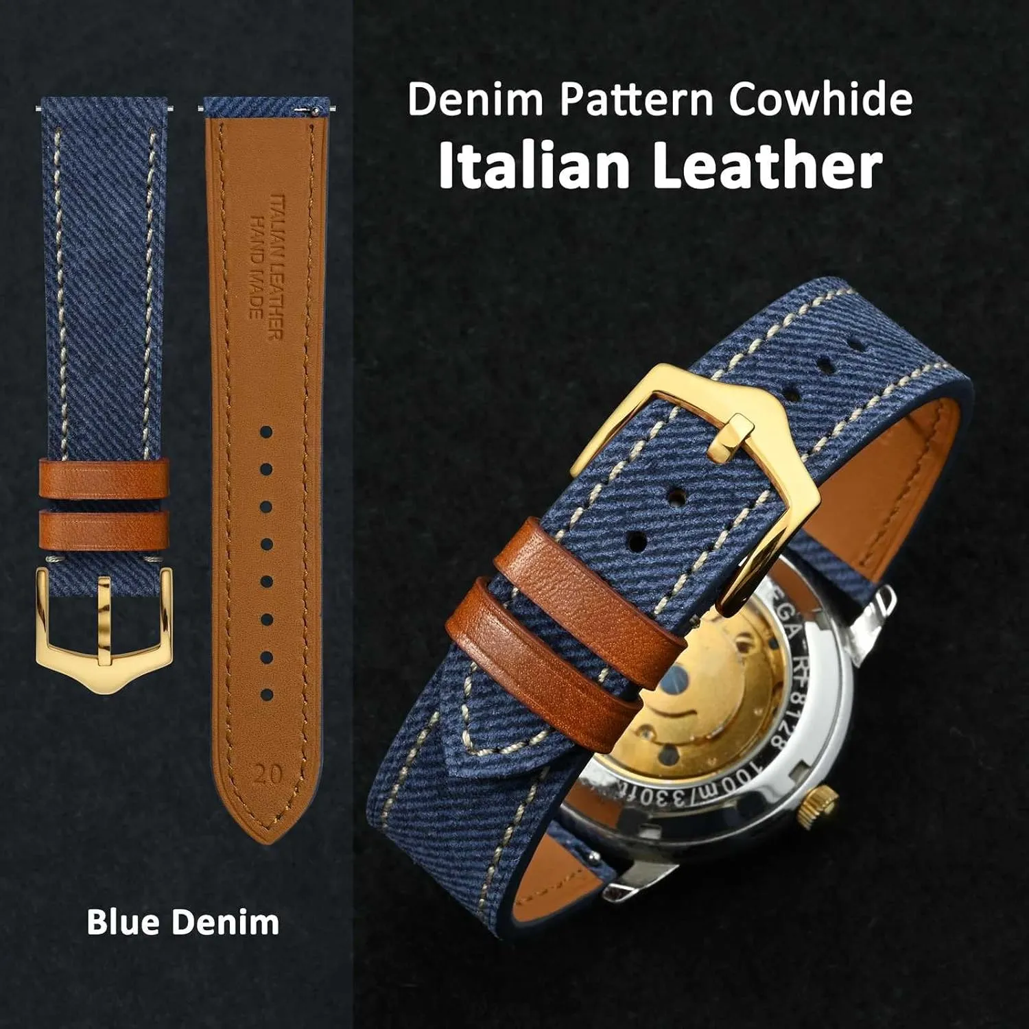 moist traffic Band, Italian Leather, Taper Stainless Steel Buckle, Strap Width 18mm 20mm 22mm WOCCI Denim Pattern Watch 