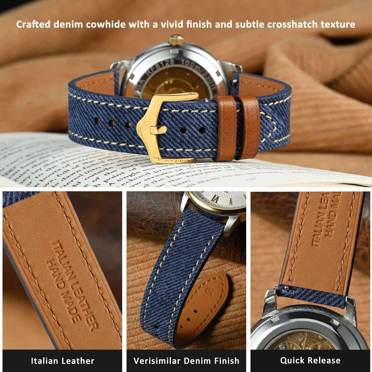 moist traffic Band, Italian Leather, Taper Stainless Steel Buckle, Strap Width 18mm 20mm 22mm WOCCI Denim Pattern Watch 
