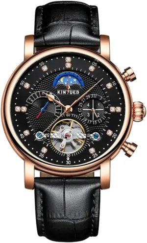Month Hollow Skeleton Tourbillon Waterproof Wrist Watch for volunteer Men Gosasa Classic Men Automatic Watches Mechanical Self Wind Brown Black Leather Strap Business Dress Moon Phase Week 