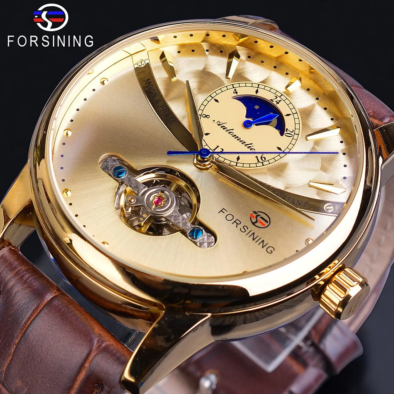 Moon Phase Tourbillon star posthumous kittiwake rugged Stainless Steel Waterproof Self-wind Retro Watches, Automatic Leather Belt Wristwatch FORSINING Men's Watch Mechanical 