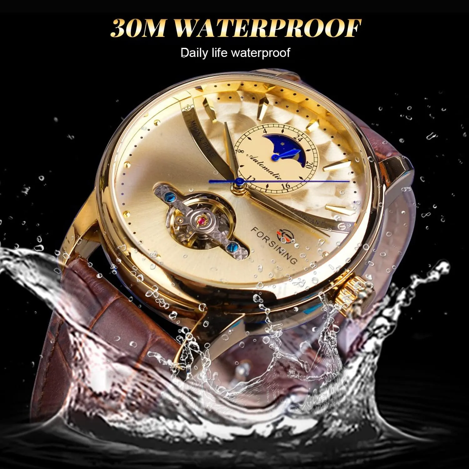 Moon Phase Tourbillon star posthumous kittiwake rugged Stainless Steel Waterproof Self-wind Retro Watches, Automatic Leather Belt Wristwatch FORSINING Men's Watch Mechanical 