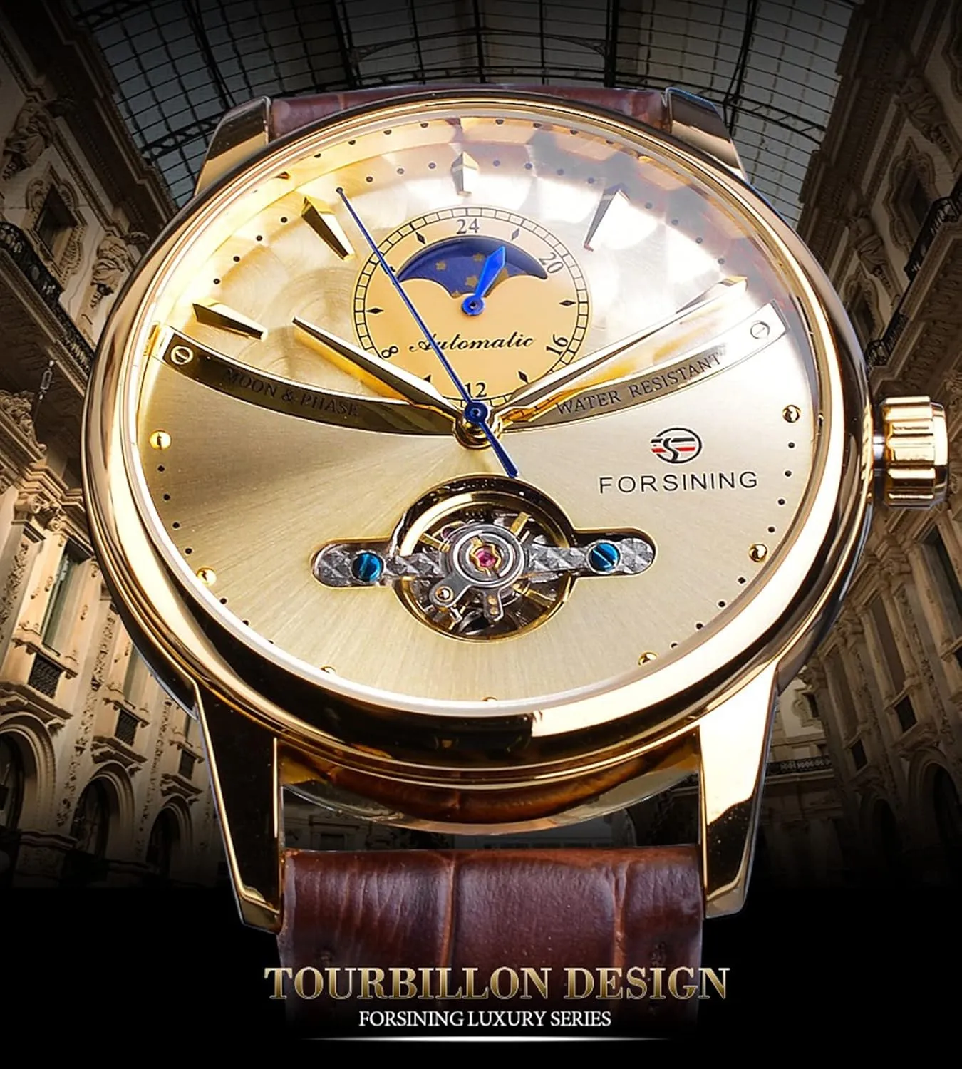 Moon Phase Tourbillon star posthumous kittiwake rugged Stainless Steel Waterproof Self-wind Retro Watches, Automatic Leather Belt Wristwatch FORSINING Men's Watch Mechanical 