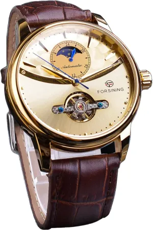 Moon Phase Tourbillon star posthumous kittiwake rugged Stainless Steel Waterproof Self-wind Retro Watches, Automatic Leather Belt Wristwatch FORSINING Men's Watch Mechanical 